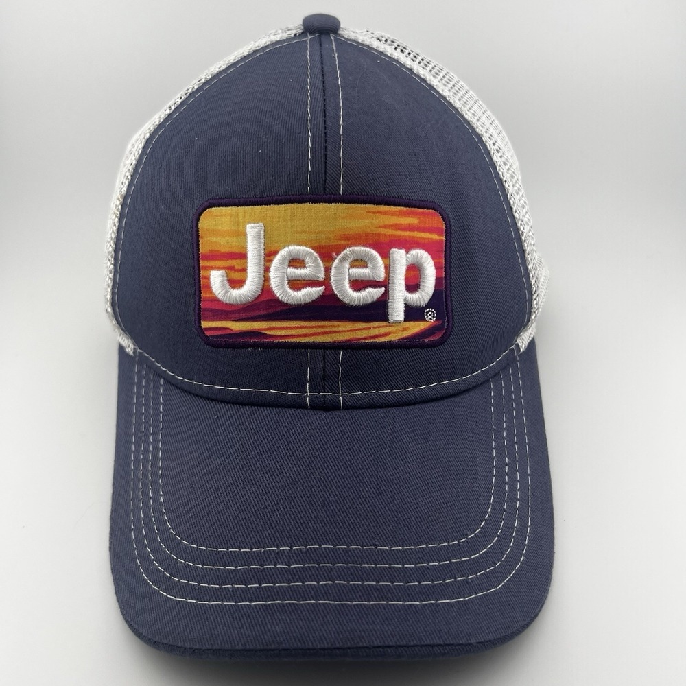 Jeep Sunset Logo Mesh Trucker Snapback Hat Blue/purple/White OSFM Licensed